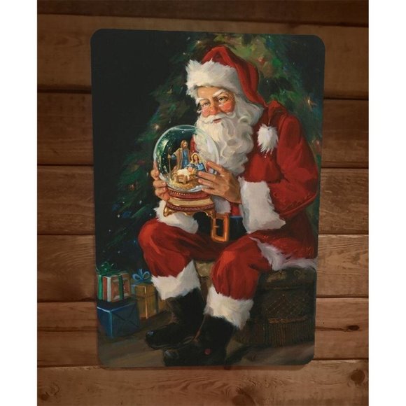Merry Xmas Christmas Santa with Globe 8x12 Metal Wall Sign Poster - Picture 1 of 1